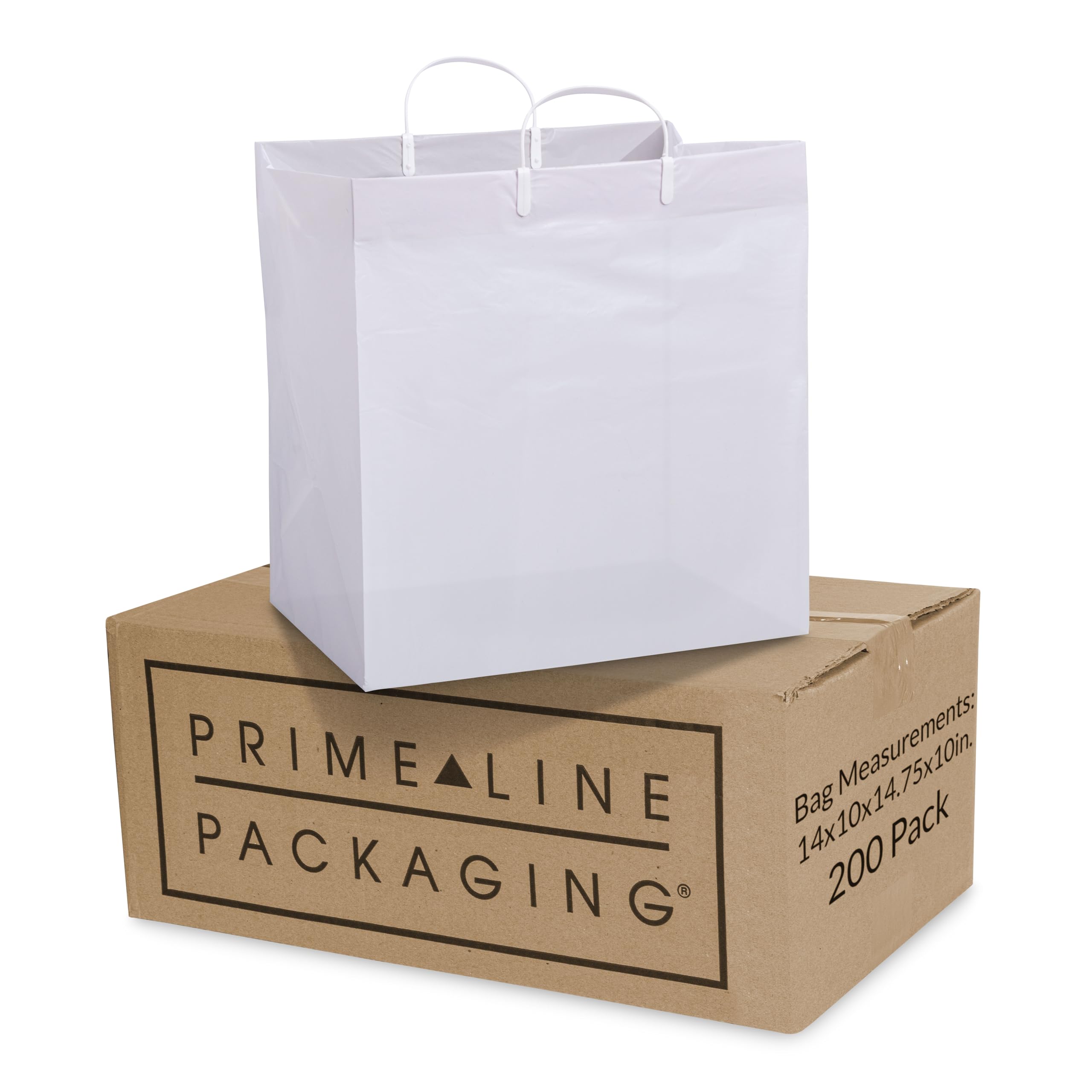 Prime Line Packaging White Plastic Bags, Shopping Gift Bags with Handles for Small Business, Food Service, Take Out, Delivery, Retail Bulk, 14x10x14.75, 200 Pack