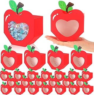 Kolldenn 24 Pack Christmas Apple Shaped Treat Boxes with Clear Window, 5.31 x 4.13 x 2.36 Inch Bulk Red Apple Candy Containers for Snow Party Favors, Teacher Appreciation Gifts, Classroom Supplies
