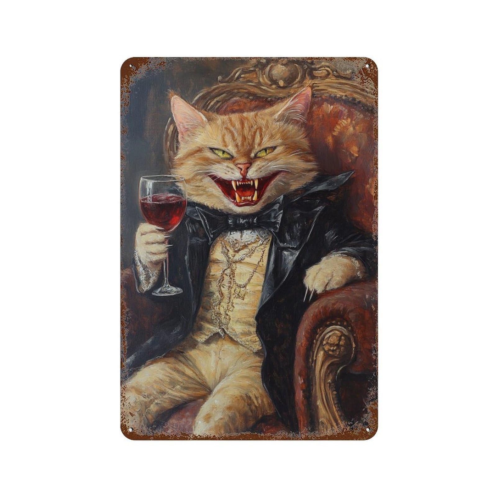 Rust Effect Vampire Cat with Wine Glass Aged Metal Wall Plaque 11.8"x7.9", Classic Wall Plaque for Basement, Hobby Room And Garage Decor