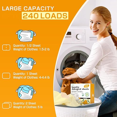 Miniatura 9 de Hojas de detergente para ropa sin perfume de 240 cargas, hojas de detergente ecológicas para viajes y hogar, sin jarra de plástico, tiras de jabón