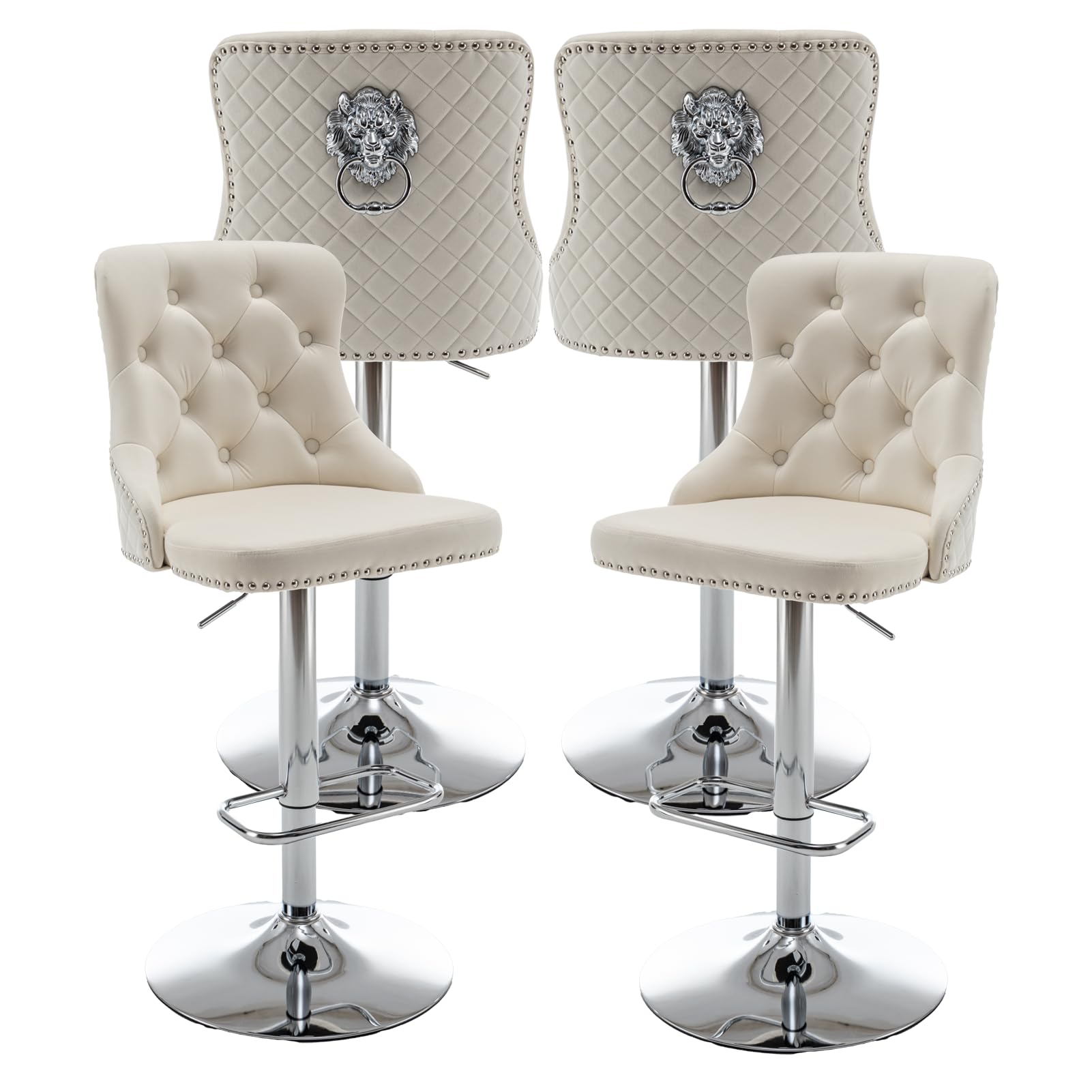 Riknuxi Velvet Bar Stools Set of 4, Counter Height Barstools with Nailheads Trim, Pull Ring, Swivel Bar Stools for Kitchen Island, Bar Pub (Beige)