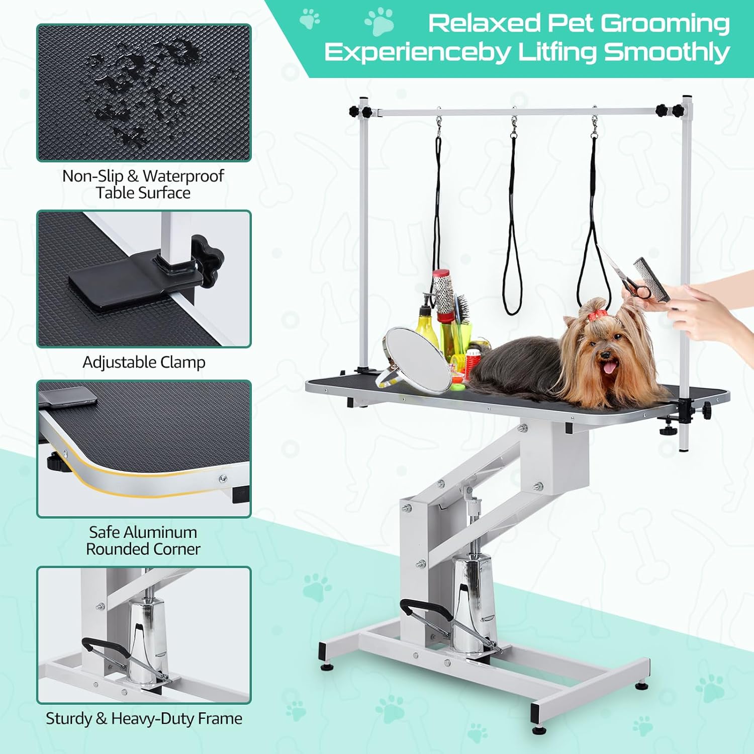 43.6" Heavy Duty Hydraulic Pet Grooming Table for Large Dogs, Height Adjustable from 22" to 39", with Overhead Arm & Noose, 350 Lbs Weight Capacity, Non-Slip Surface, Professional Grooming Table (Whit