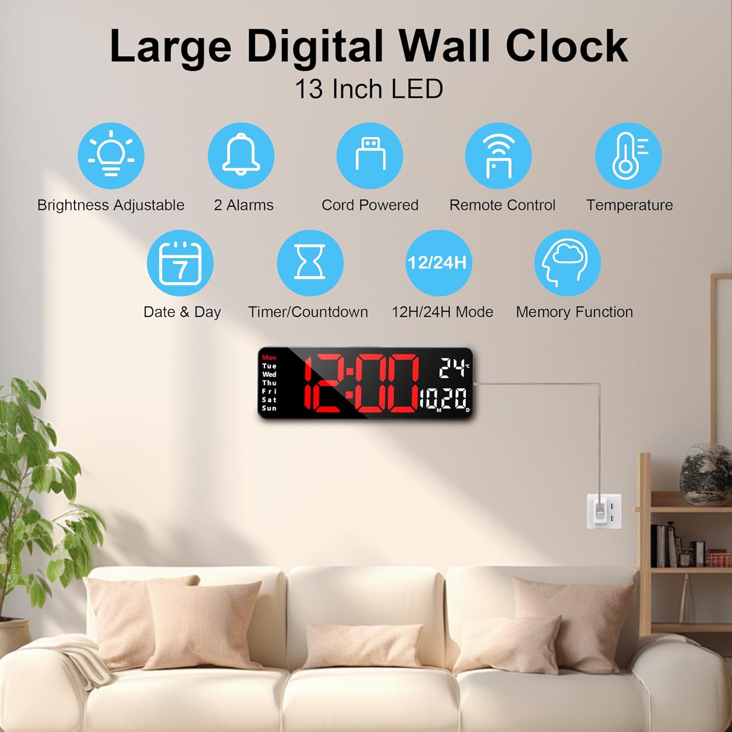 Lafocuse 13 Inch Silent Digital Wall Clock Red Large Display with Date Week Temperature, LED Clock with Remote Control for Living Room Decor Office Kitchen, Automatic Brightness Dimmer, Countdown