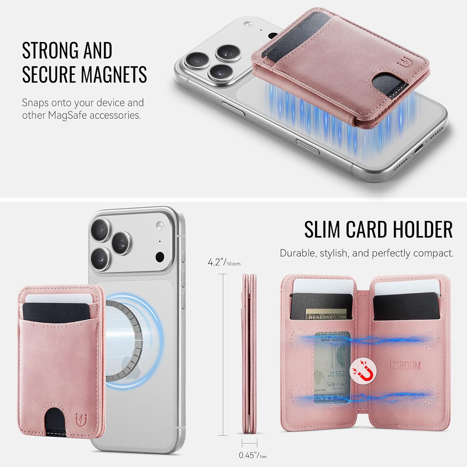 for Magsafe Wallet Magnetic RFID Blocking Card Holders, PU Leather Strong Magnet Phone Wallet Compatible with Magsafe Phones and Cases for iPhone 17/16/15/14/13/12/ Pro/Max/Plus, Rose Pink