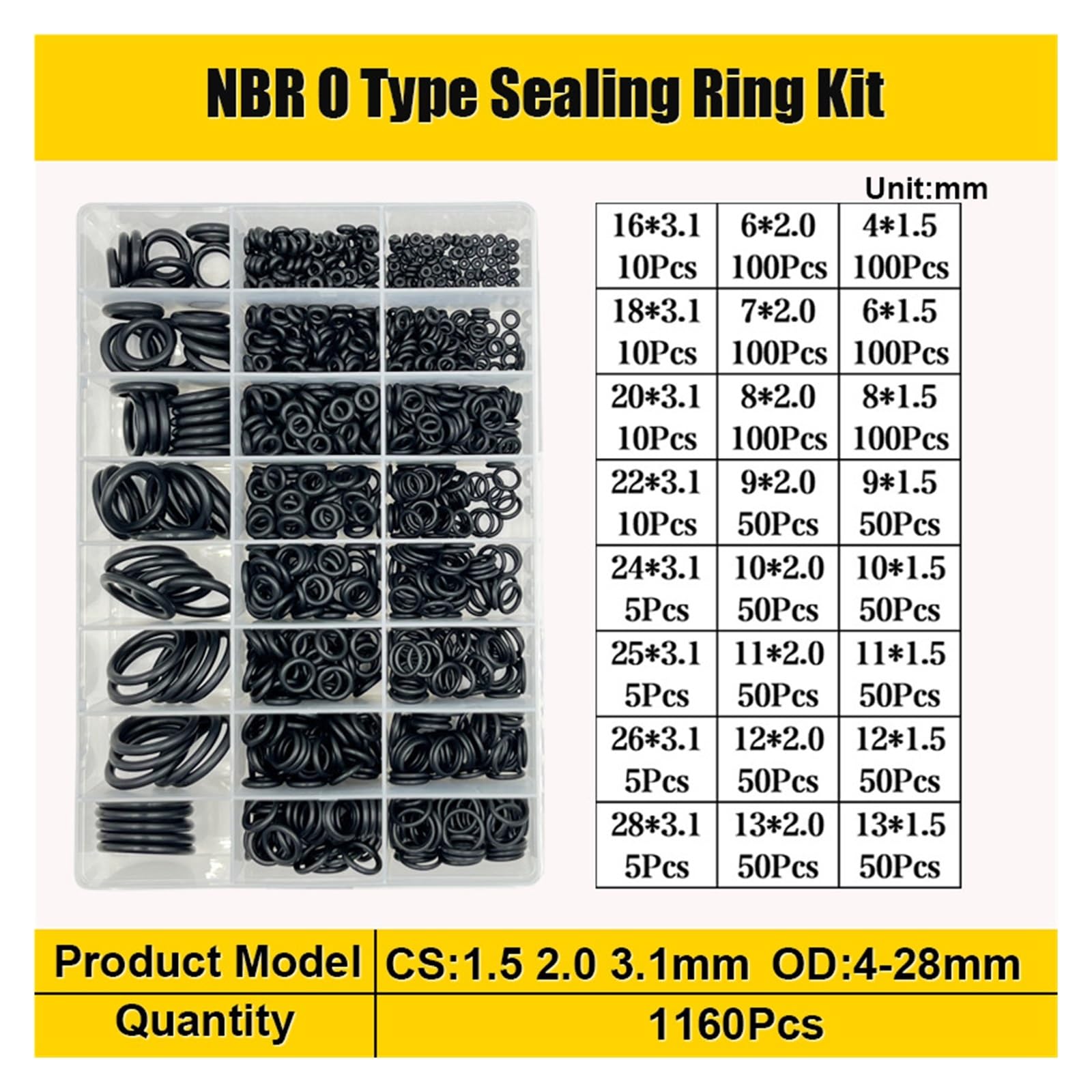 O-Ringe NBR VMQ FKM Fluorkautschuk-Dichtung O-Ring Schwarzer Gummi Roter Silikon-O-Ring Ölbeständigkeit Nitril-Dichtungsscheibe Dichtung(Black NBR 1160PCS)