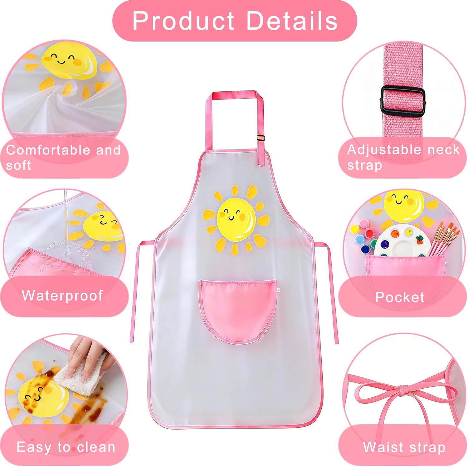 Elisel Kids Art Smock, Toddlers Painting Apron Waterproof for Children Artist Smock With Sleeve,paint brushes,Colors Paint，Palettes，10pc Disposable Aprons for Kids Pink