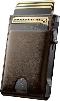 Wallet for Men Card Holder: Pop Up Card Case, Genuine Leather, Smart, RFID Blocking, Slim, Minimalist, Thin, Front Pocket - 12 Card Capacity, ID Window, Money Clip (Bronze)