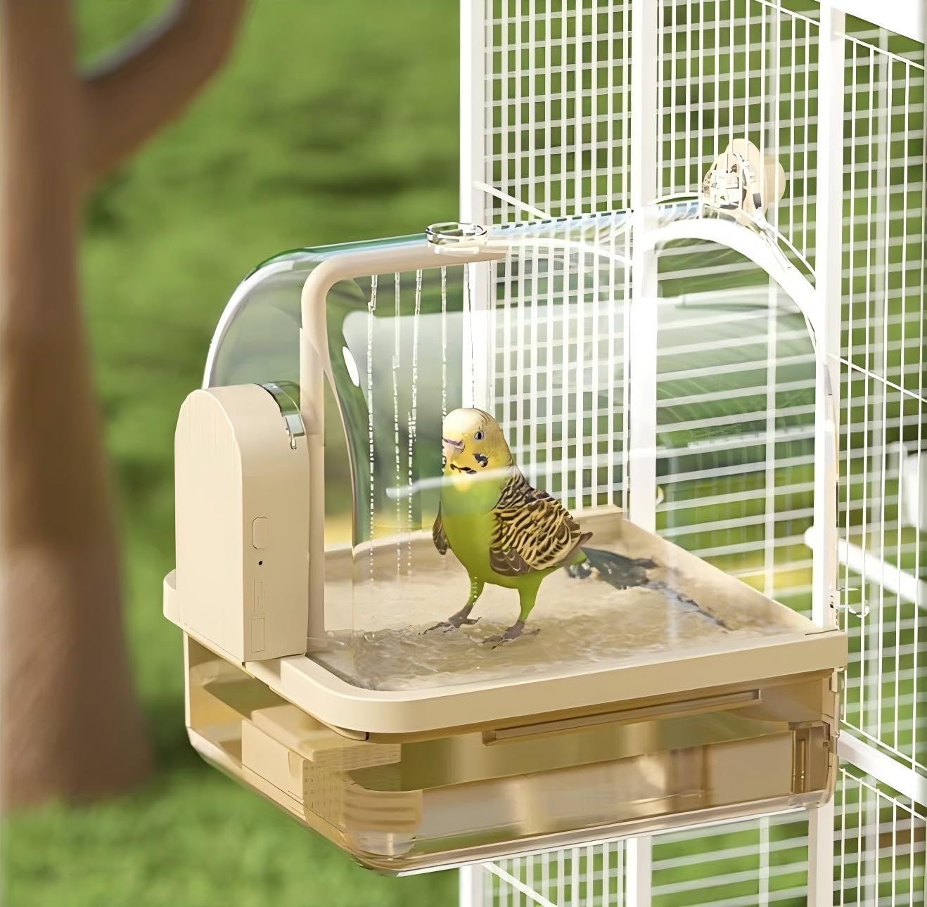 Electric Bird Bath for Cage,Automatic Bird Bathtub Shower,Water Wiggler for Bird Bath，Parakeet Bird Bath with Pump,3 in 1 Multifunction Expandable Bird Cage with Automatic Water Dispensing (Brown)