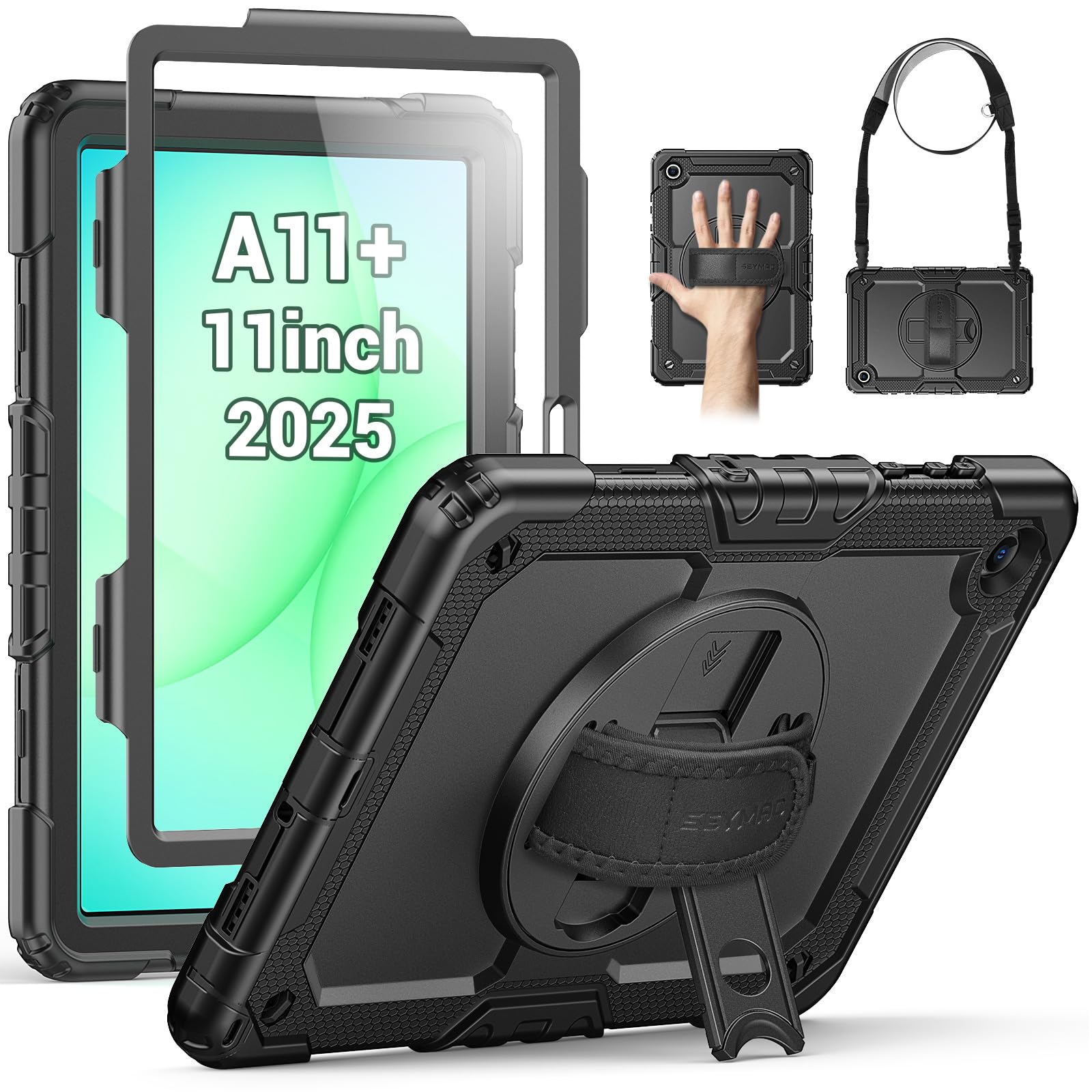 SEYMAC Hülle für Samsung Galaxy Tab A11 Plus 11 Zoll 2025 (SM-X230/X235/X236), Stoßfeste Tab A11+ Hülle mit Displayschutz, 360° Drehbarer Ständer/Handschlaufe, Schultergurt, Stifthalter, Schwarz