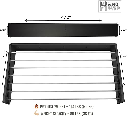 Miniatura 3 de TCO ADVENTURES Estante de secado plegable montado en la pared de 47 pulgadas, elegante colgador invisible mate, plegable de acero inoxidable,