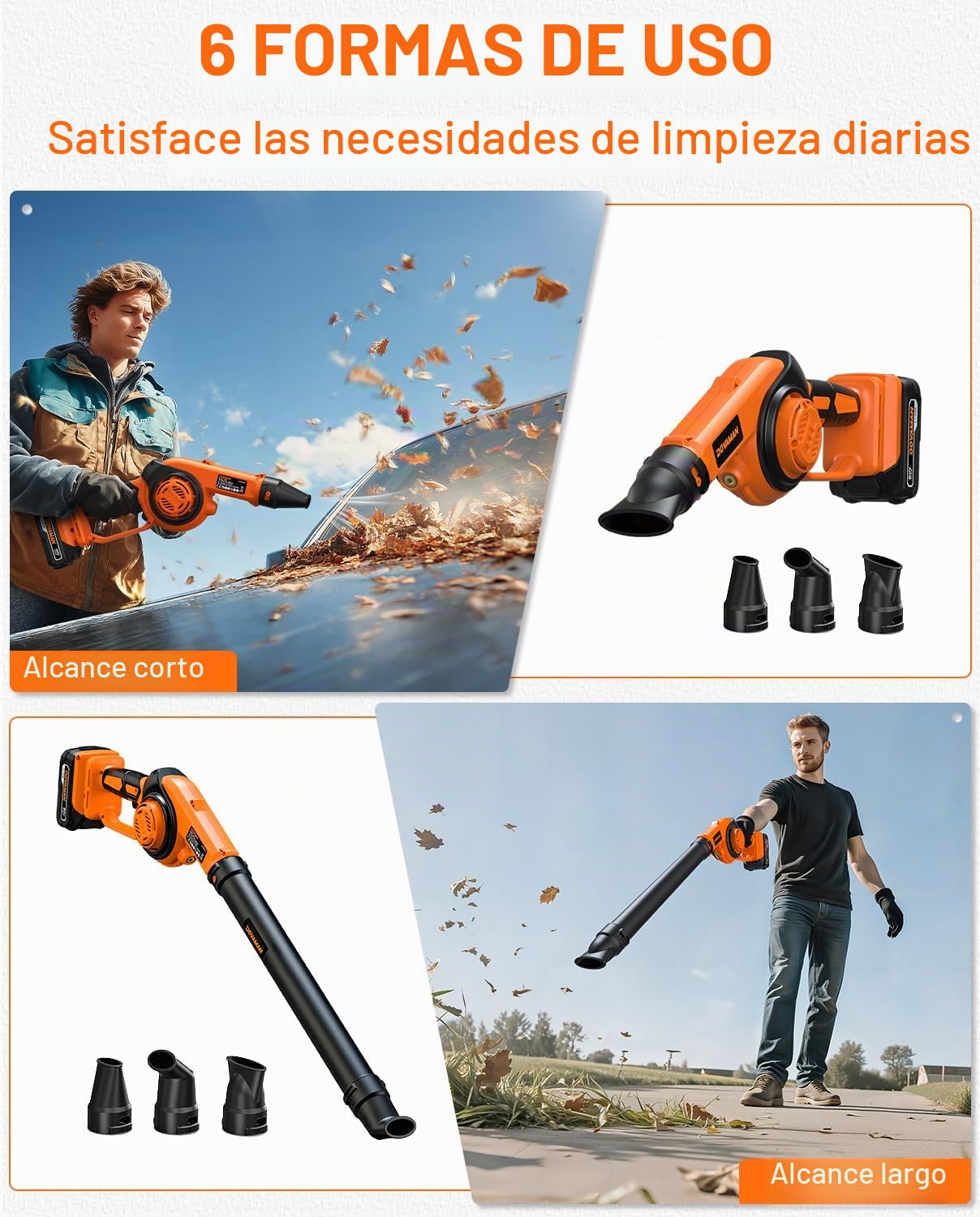 DOVAMAN LE20 Soplador de Hojas, Inalámbrico 3 en 1, 288 km/h, 3 Velocidades, 800g, Batería de 20V con Cargador Rápido, Luz LED, 3 Boquillas, Ideal para Jardín, Patio y Limpieza de Hojas y Polvo