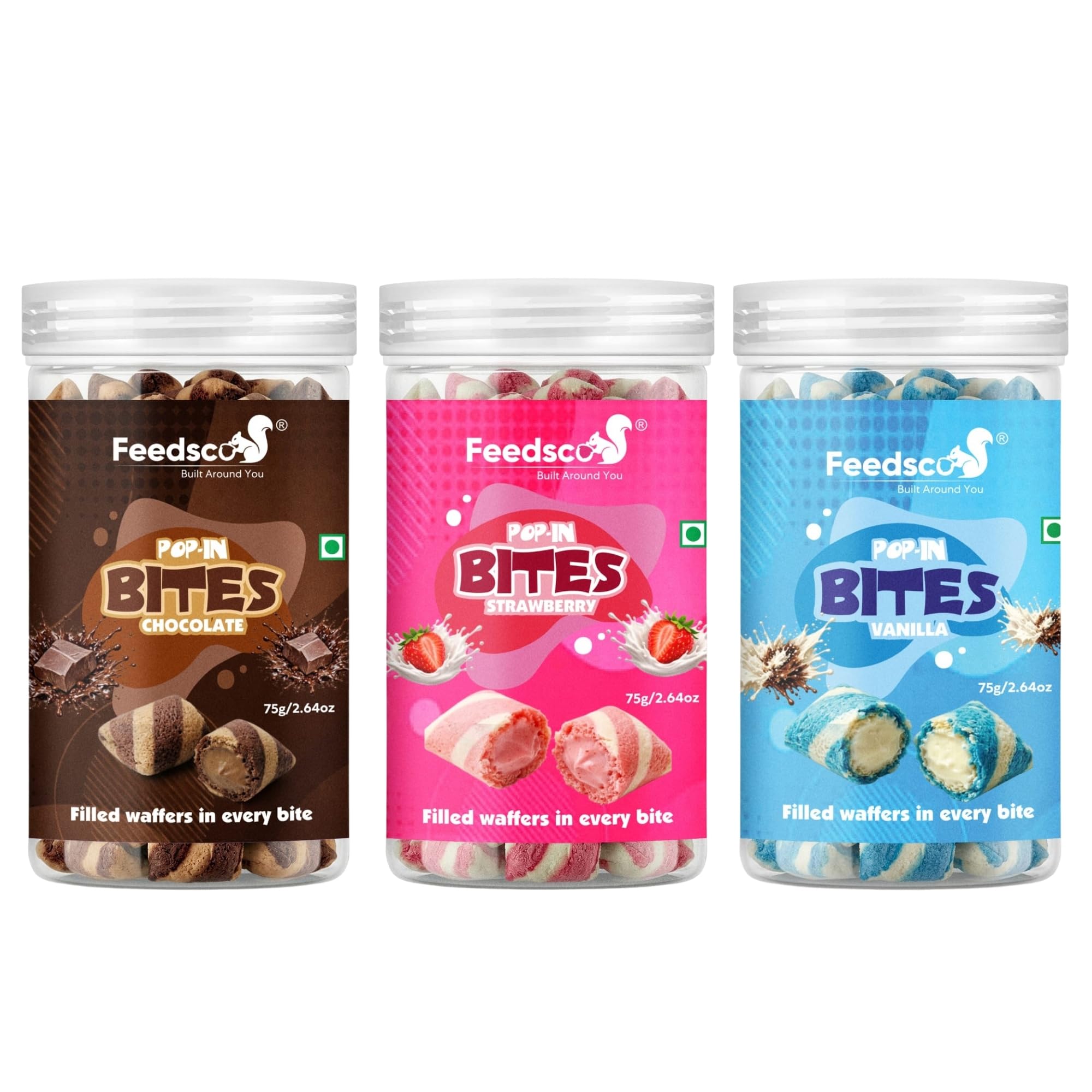 Feedsco Cream Filled Wafer Bites Pack of 3 x 75g | Chocolate Vanilla Strawberry Flavours | Crispy Creamy Wafer Rolls | Ready to Eat Snack Jars | Tea Time Kids Snacks Combo-picture-31