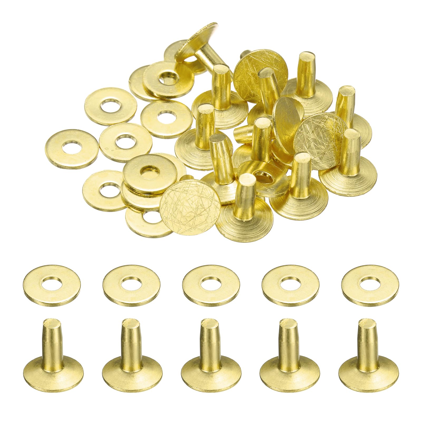 sourcing map 15Set Brass Rivets and Burrs Washers 12x4x10mm Dimpled Finish Solid Leather Rivet Fastener Studs Posts for Leather DIY Craft Belts Wallets Collars, Gold Yellow