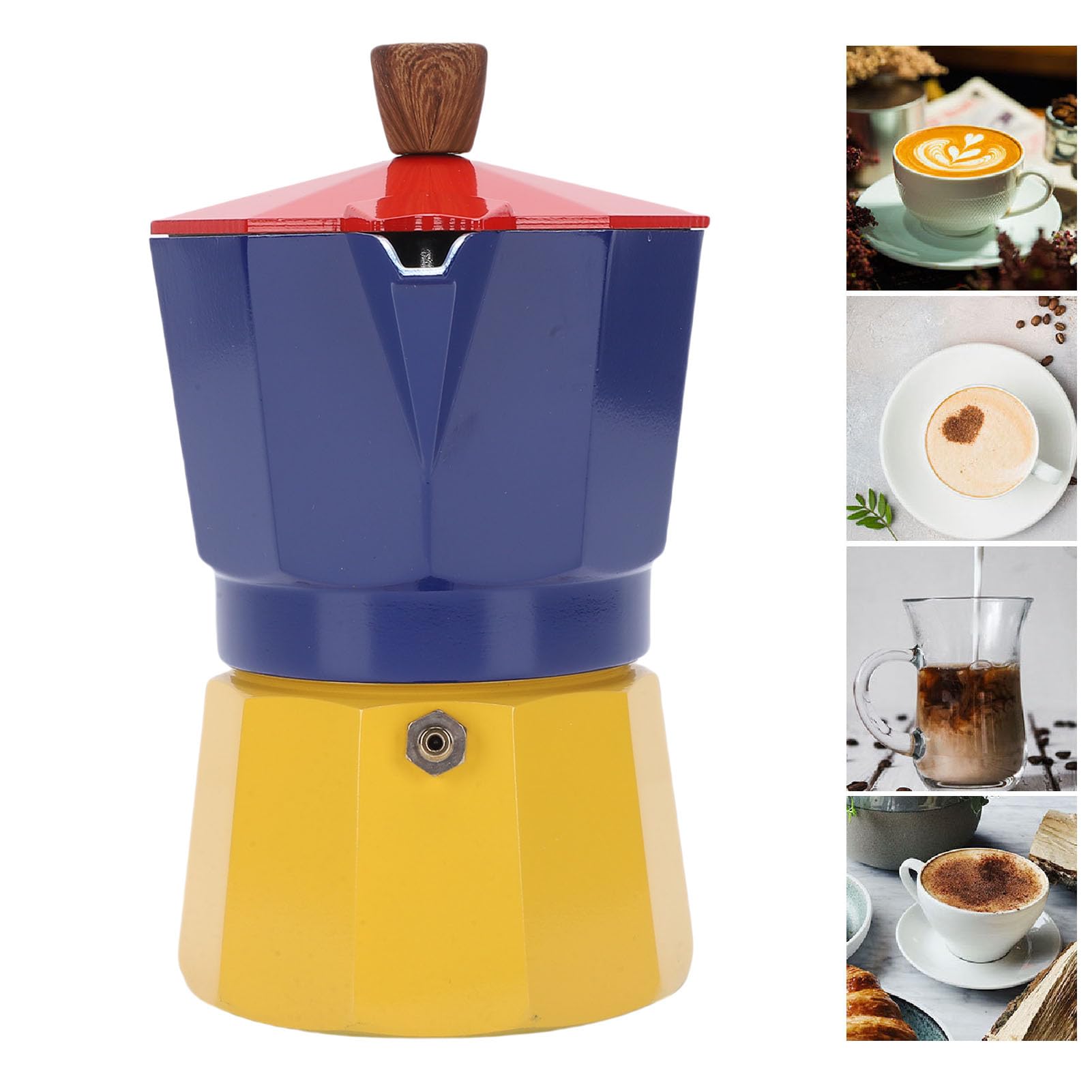 Italienische Kaffeekanne, 150 Ml 3 Tassen Herd -Espressomaker Moka -Topf Aluminium -Kaffeemaschine mit Anti -Skalding -Griff und Silikondichtung Zum Camping zu Hause (Rotblau und Gelb)
