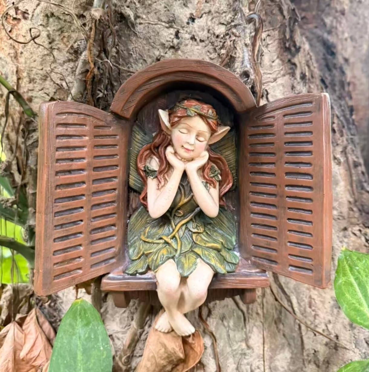 coolboy Flower Fairy Statue Tree Face Outside Yard Art Outdoor Statue,Elf Out of The Window Tree Decor and Yard Decorations, Whimsical Fairy Garden Sculptures & Statues, Fairy Tree Peeker Ornaments