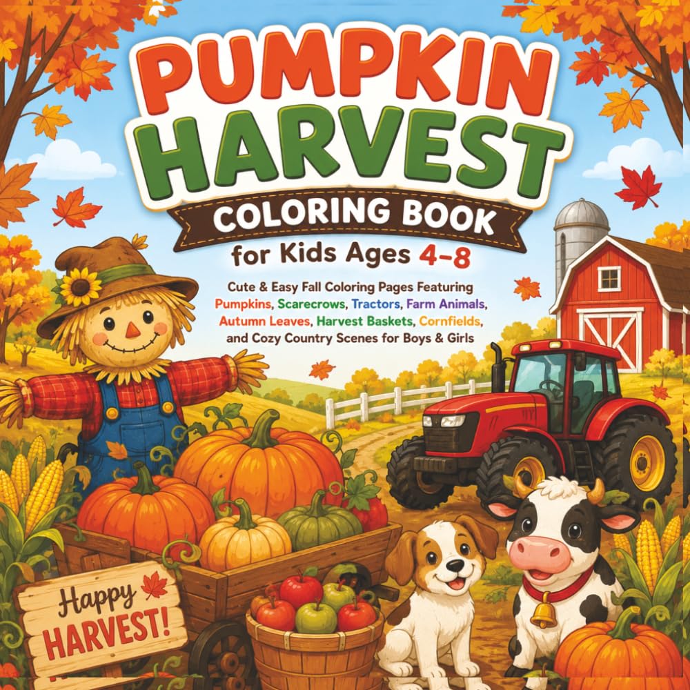 Pumpkin Harvest Coloring Book: Cute & Easy Fall Coloring Pages Featuring Pumpkins, Scarecrows, Tractors, Farm Animals, Autumn Leaves, Harvest Baskets, ... and Cozy Country Scenes for Boys & Girls