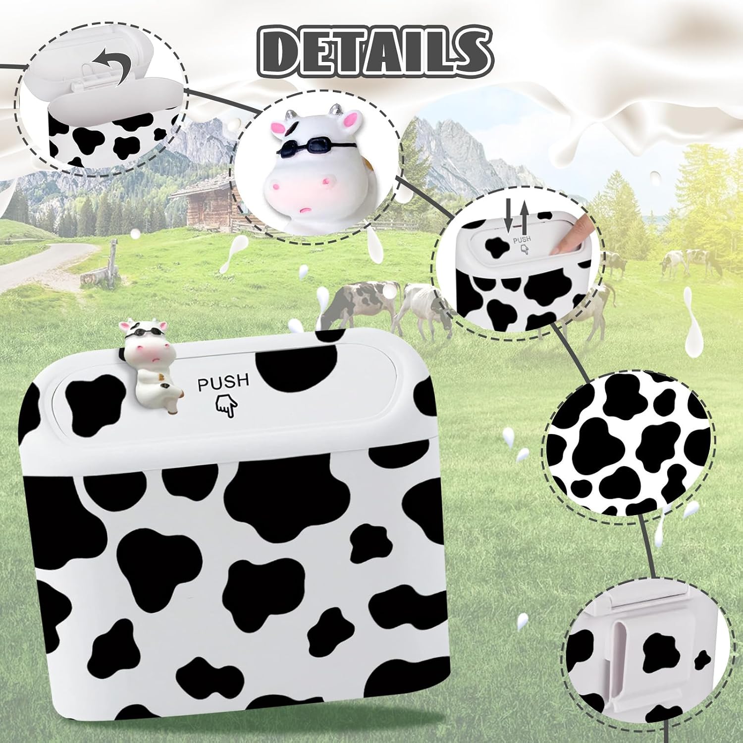 SuperKaKa Car Cow Print Trash Can - White Garbage Organizer Holder with Black Trash Bag Rolls, Cute Automotive Dustbin for Most Cars Interior Accessories (1, White)