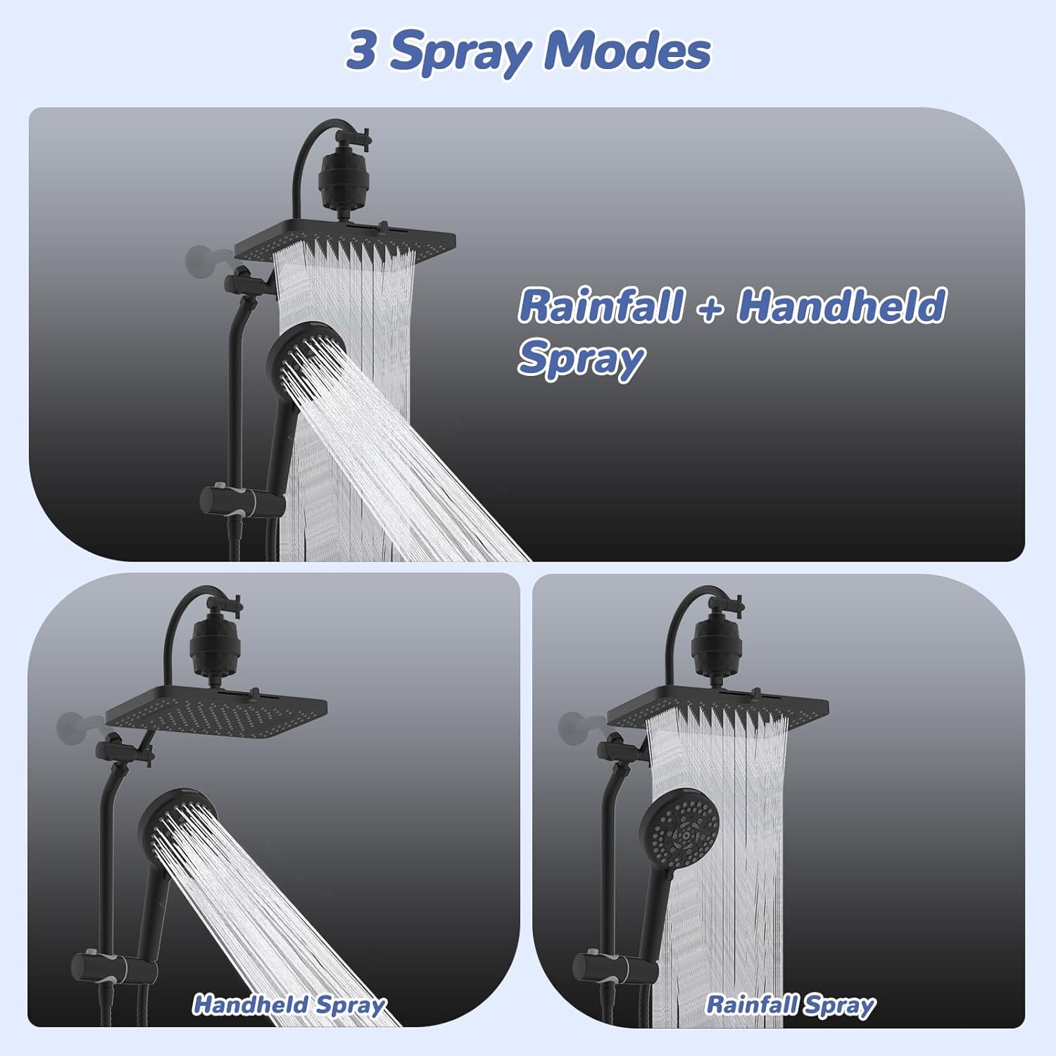 Hibbent 5-spray Filtered Rainfall Shower Head Combo, High Pressure 13'' Showerhead with 10 Spray Modes Handheld, All Metal 3 way Diverter Shower Arm, 71'' Hose and Holder, Matte Black