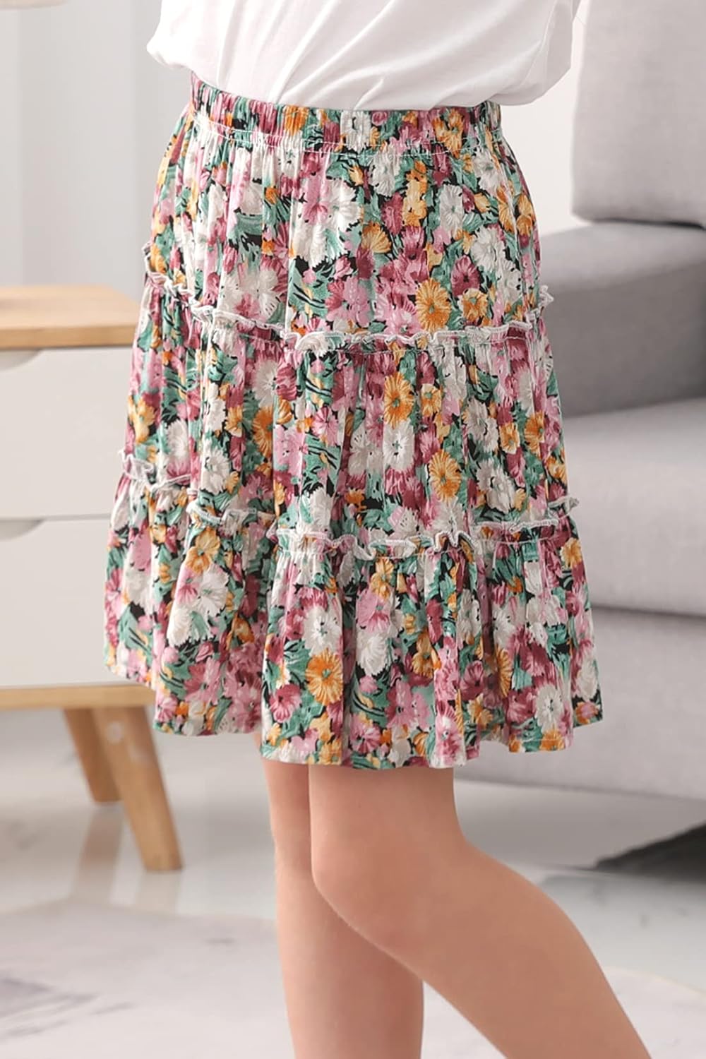 GORLYA Girls Ruffle Floral Boho Flowy Cute Tiered Short Mini Skater Skirts 4-14T - Image 3