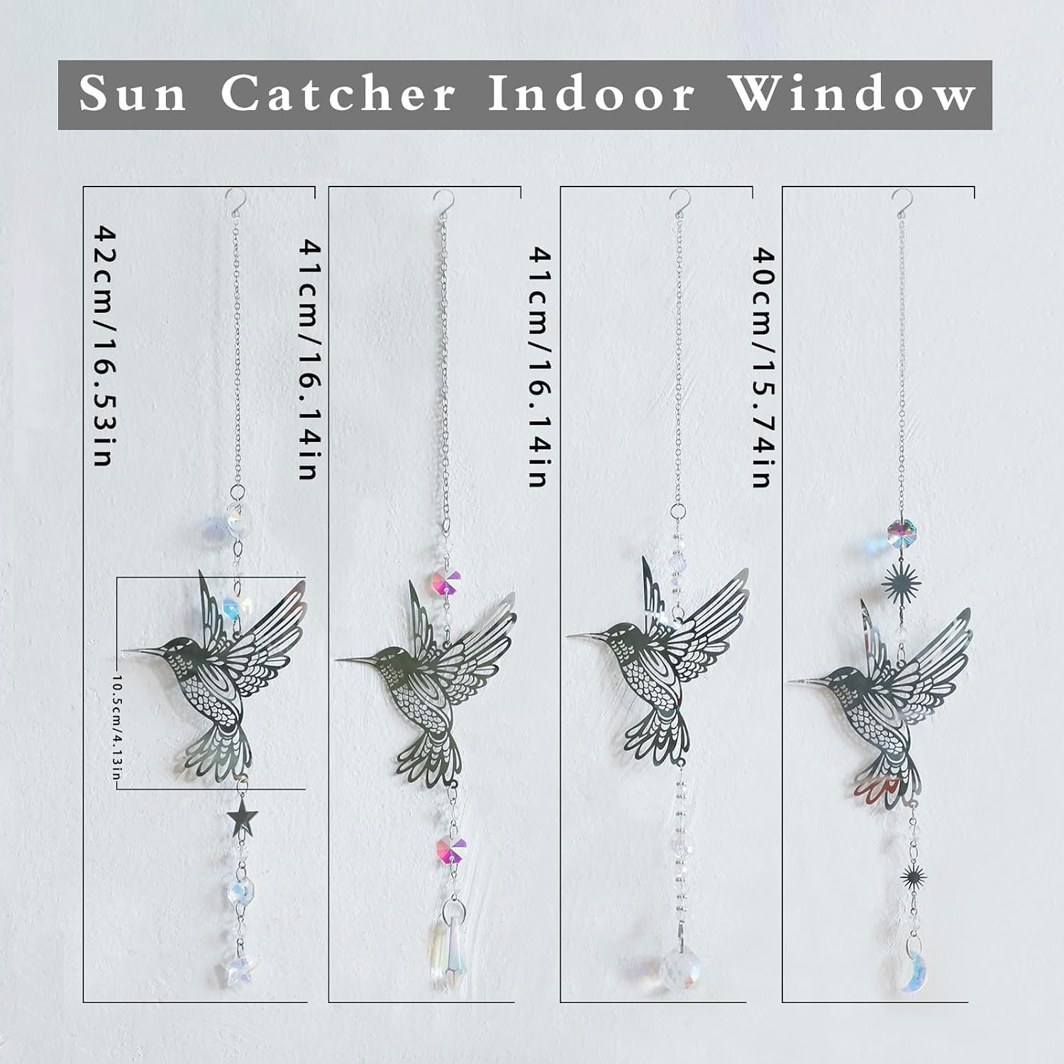 Artilady Suncatcher Hummingbird Wind Chimes for Outside Hanging Prism Crystal Sun Catchers Indoor Window Garden Porch Backyard Decor Birthday for Women Girls (Silver, 4 PCS)