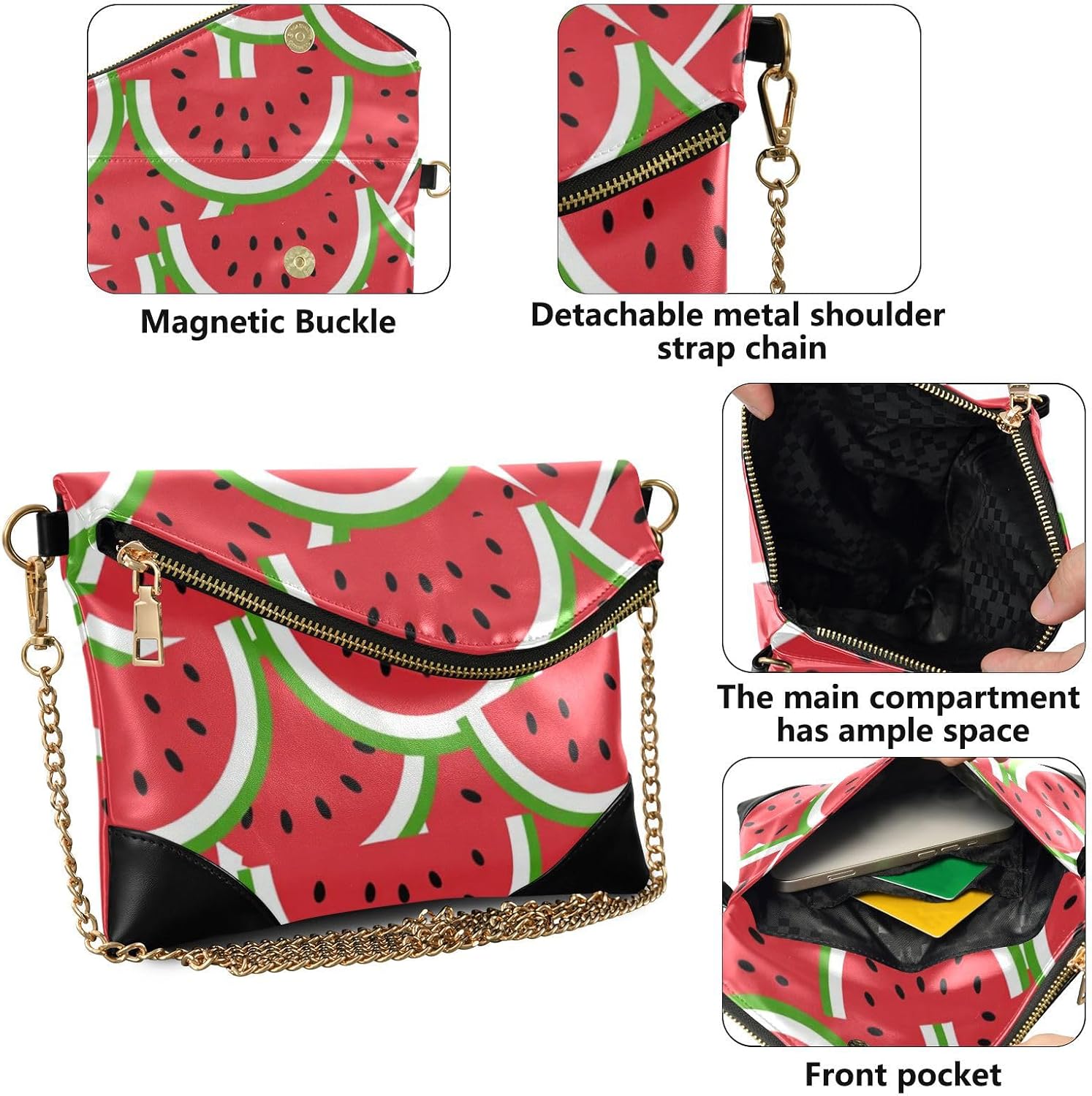 PU Leather Clutch Handbags for Women Trendy Wristlet Wallet for Lady Summer Red Watermelon Fruit Seamless Pattern