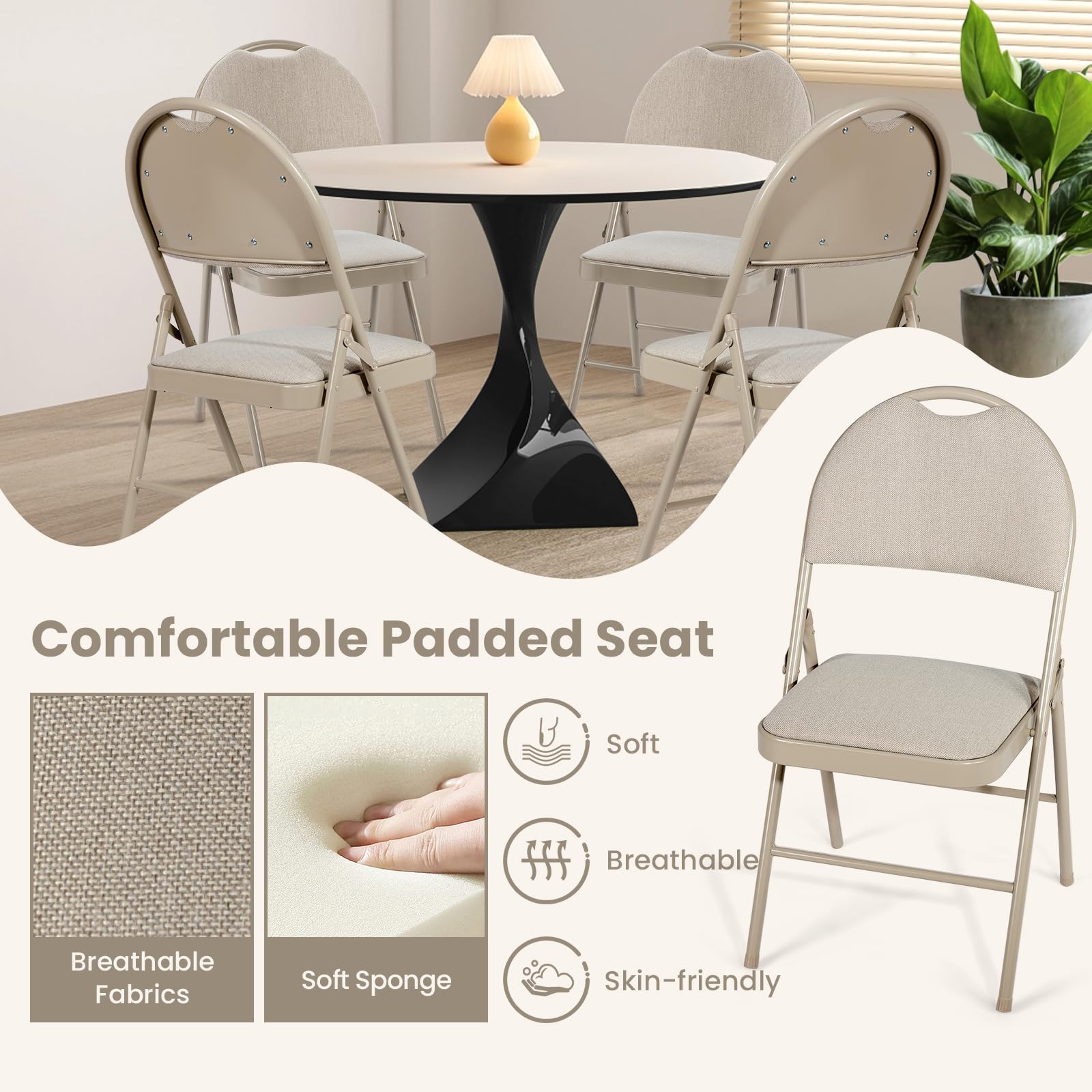 HOMASIS Set di 4 sedie pieghevoli, da cucina con schienale e manico, con struttura in metallo, pieghevole, portata fino a 120 kg, per sala da pranzo, soggiorno, ufficio (beige)