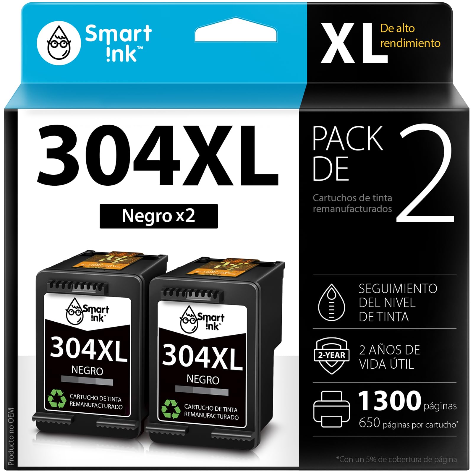 Smart Ink Remanufacturado Cartuchos de Tinta Compatible del para HP 304XL 304 XL (2 Negro) para Impresora HP Envy 5010 5030 5000 Deskjet 2630 2632 3720 3700 2634 2600 2620 2633