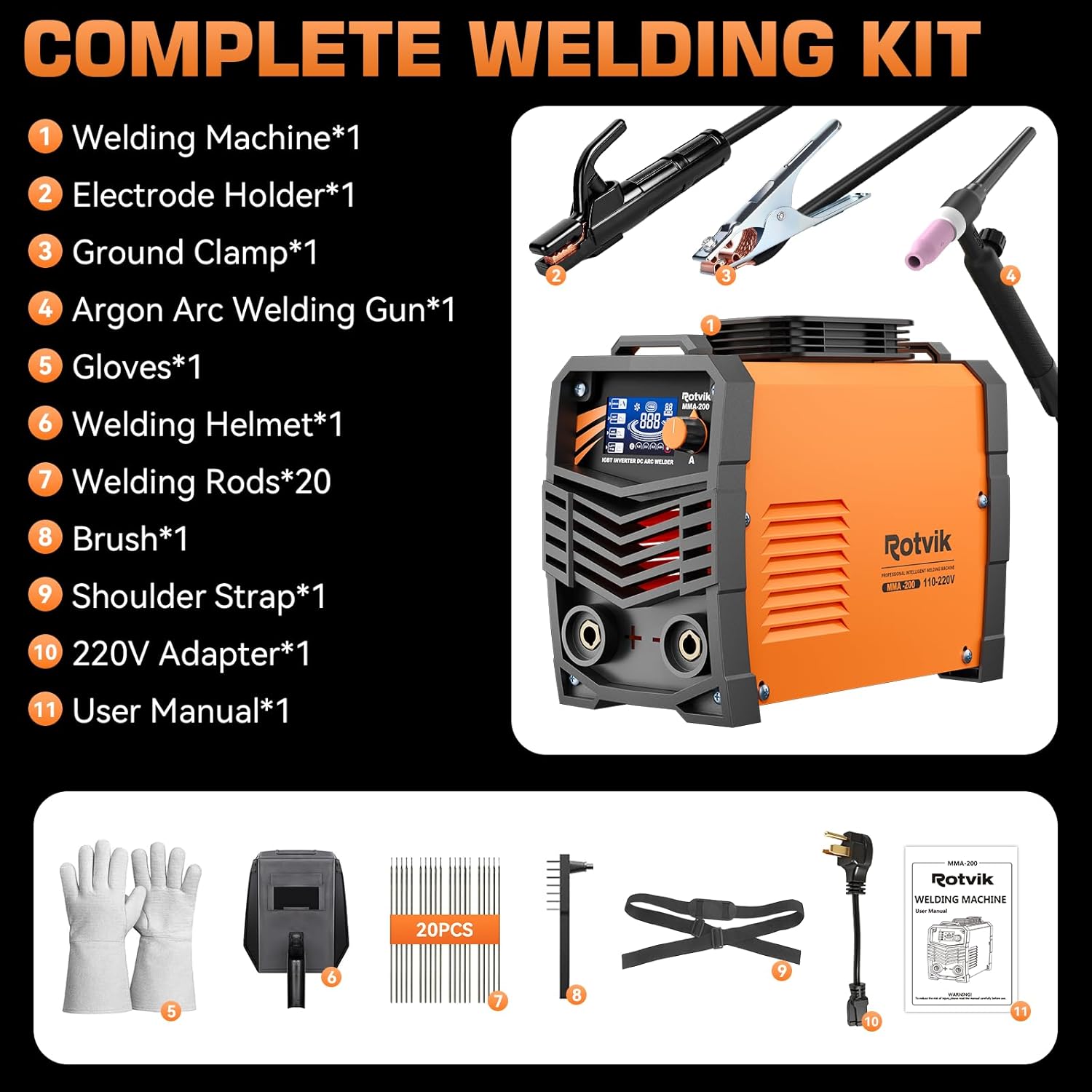 200Amp Stick Welder-Large LED Display, 110V/220V Dual Voltage Portable MMA Welder Machine with Hot Start, Arc force and Anti-Stick, Lift TIG Torch & 220V Adapter, 20PCS Rods Stick Welder