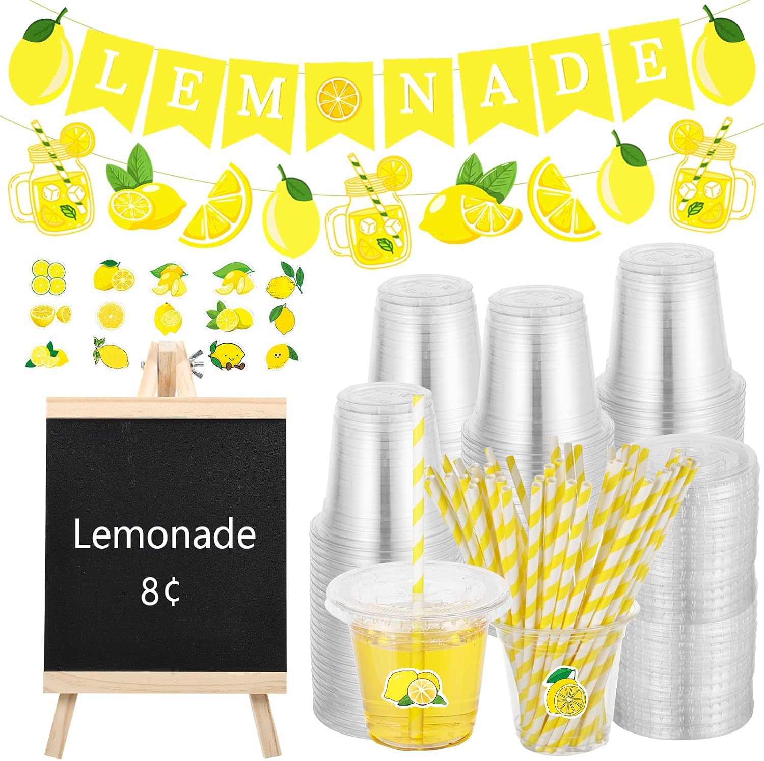 CIEOVO Lemonade Stand Supplies Include 2 Pcs Lemonade Banners 50 Pcs Cups with Lids and Straws Wooden Blackboard and Lemon Stickers for Lemon Theme Birthday Party Decorations