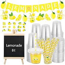 CIEOVO Lemonade Stand Supplies Include 2 Pcs Lemonade Banners 50 Pcs Cups with Lids and Straws Wooden Blackboard and Lemon Stickers for Lemon Theme Birthday Party Decorations