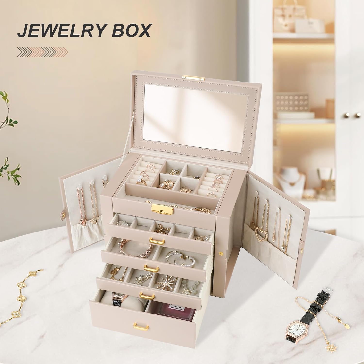 Jewelry Box, Women's Jewelry Organizer with Mirror, 5 Layers & 4 Drawers, Apricot image 4