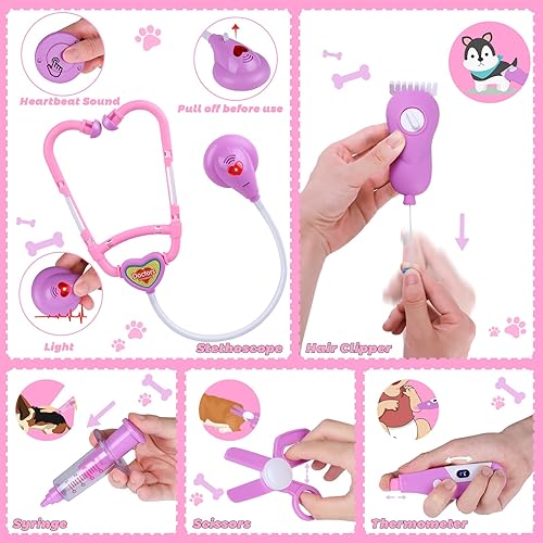 Miniatura 6 de Gifts2U Juego de jaula de cuidado de mascotas, 23 piezas de clínica veterinaria y kit médico para niños, juguetes de aseo para perros, juguete de