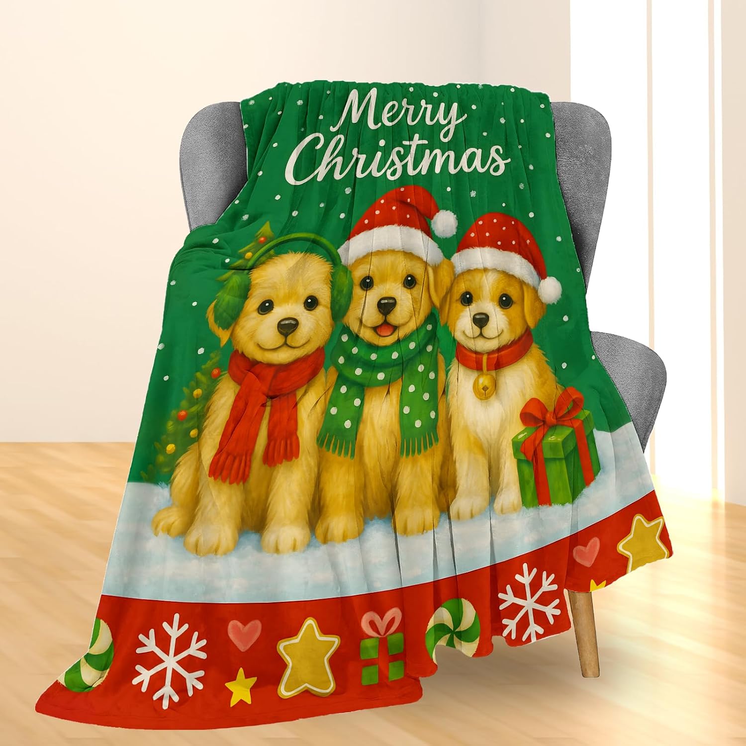 Christmas Puppy Blanket, Soft Lightweight Flannel Cute Dogs in Santa Hats & Scarves Throw Blanket for Couch, Bed, Travel & Decor Gifts, Cozy Warm Fuzzy Holiday Blankets for Adults Women Kids 60×50 in