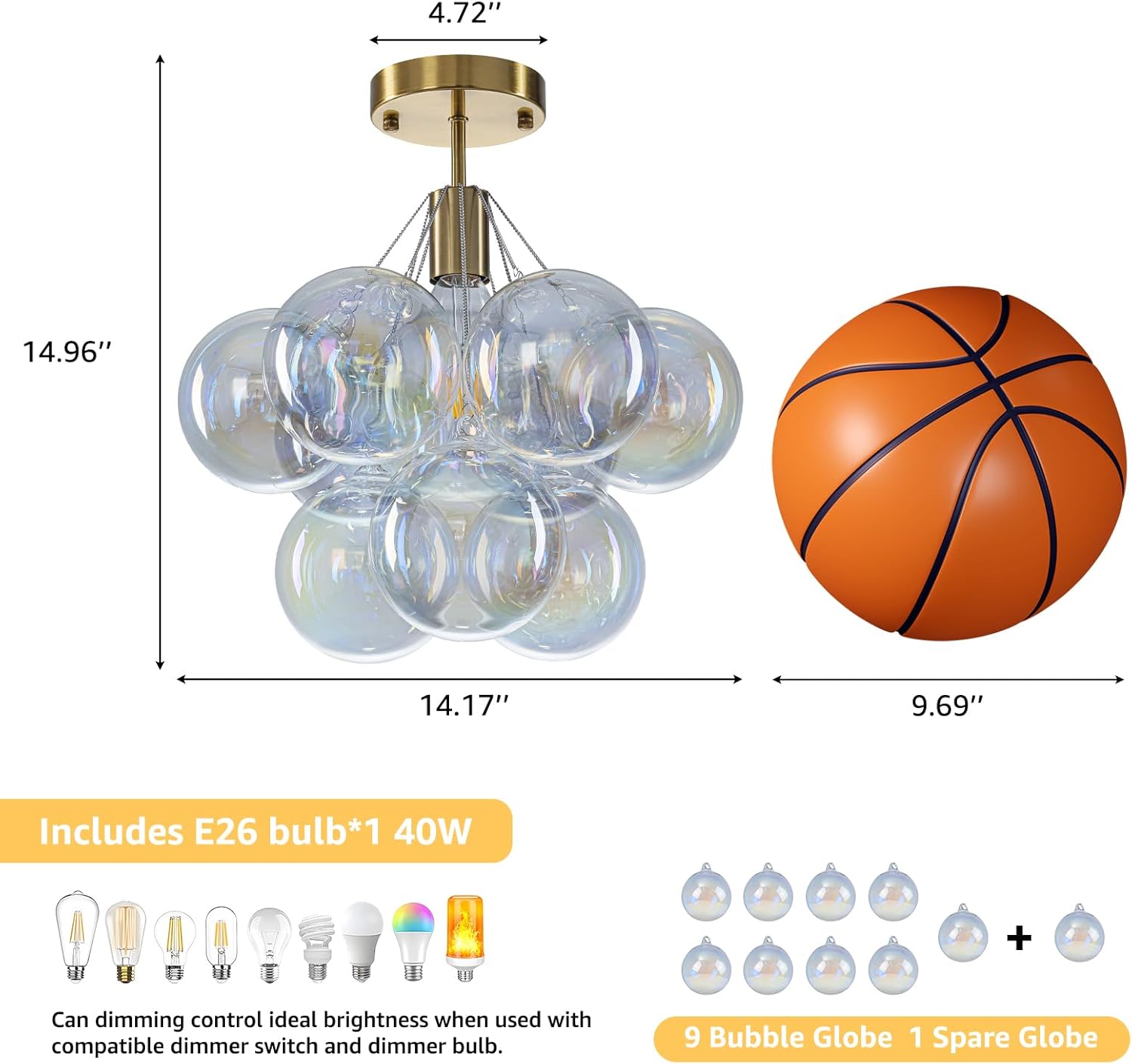GoYeel Semi Flush Mount Ceiling Lighting 14.17", Modern Chandelier Gold Globe Colorful Bubble Ceiling Light Fixture with 9 Chromatic Glass Ball for Foyer Kitchen Bedroom, Include E26 Bulb