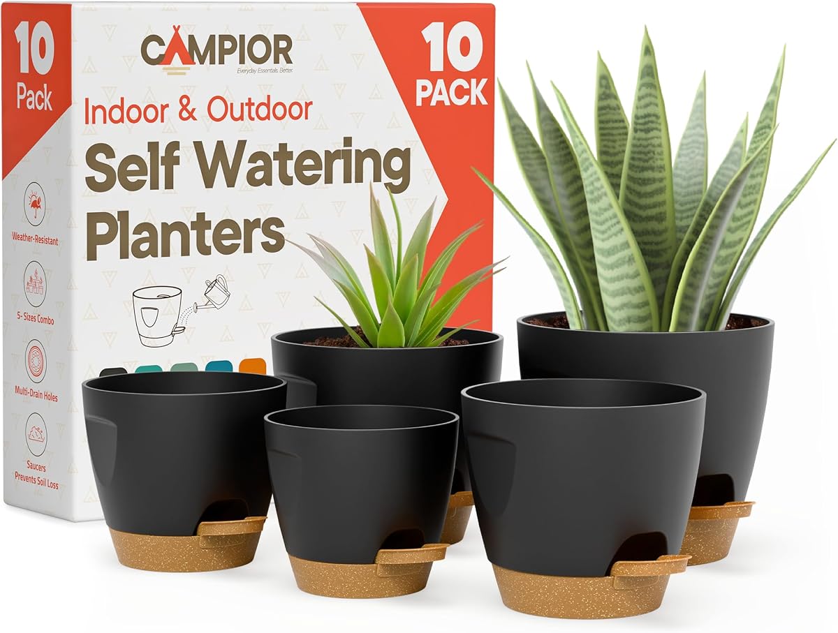 Black Self Watering Pots 10 Pack, Indoor and Outdoor Plant Pots with Wick Rope & Drainage Holes, Easy Watering Lip, Lightweight Plastic Self Watering Planter for Succulents, Houseplants, and Herbs
