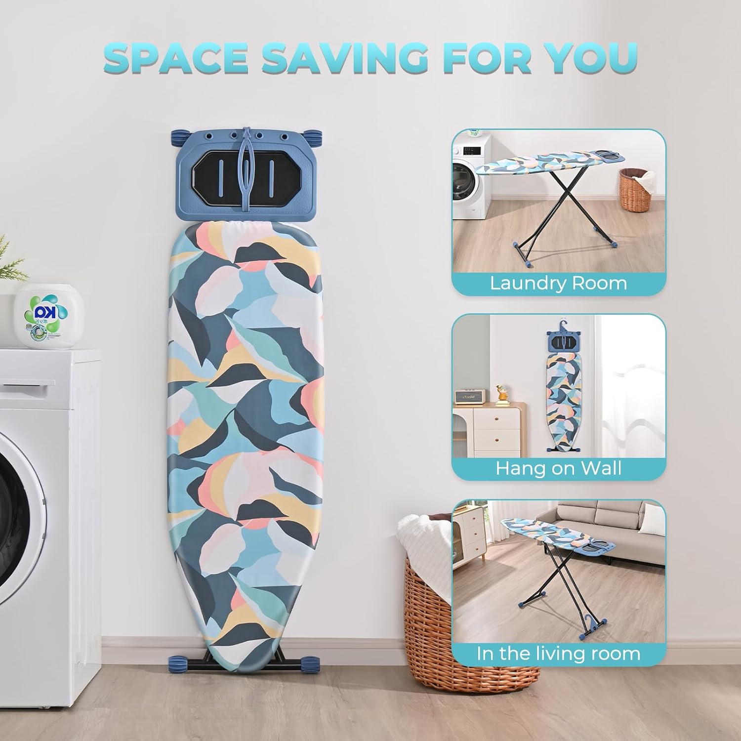 KINGBOARD Ironing Board, Metal Panel Foldable Iron Board with Rest, 7 Height Adjustable, Portable Ironing Board, Heavy Duty Folding Iron Stand with Hanger, 45 x 15, Deep Blue