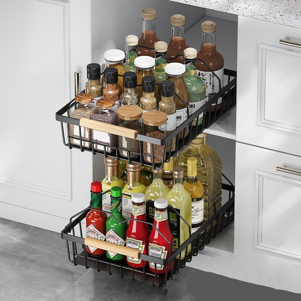 Takywep Pull Out Cabinet Organizer No Drill Adhesive Sliding Mesh Basket with Smooth Glide Under Sink Drawer for Kitchen Pantry Bathroom Storage