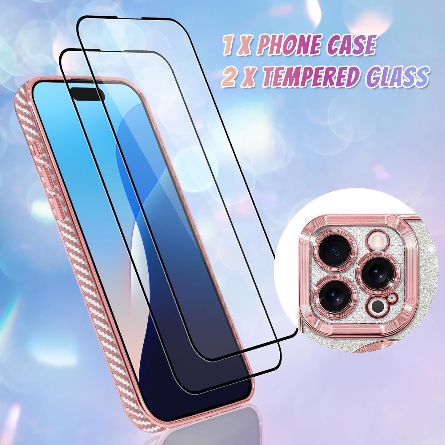 Bonoma Compatible with iPhone 16 Pro Max Case Support for MagSafe, Plating Heart Glitter Magnetic 2* Screen Protector TPU Camera Protection Back Cover for Girls Women -Pink - Image 2