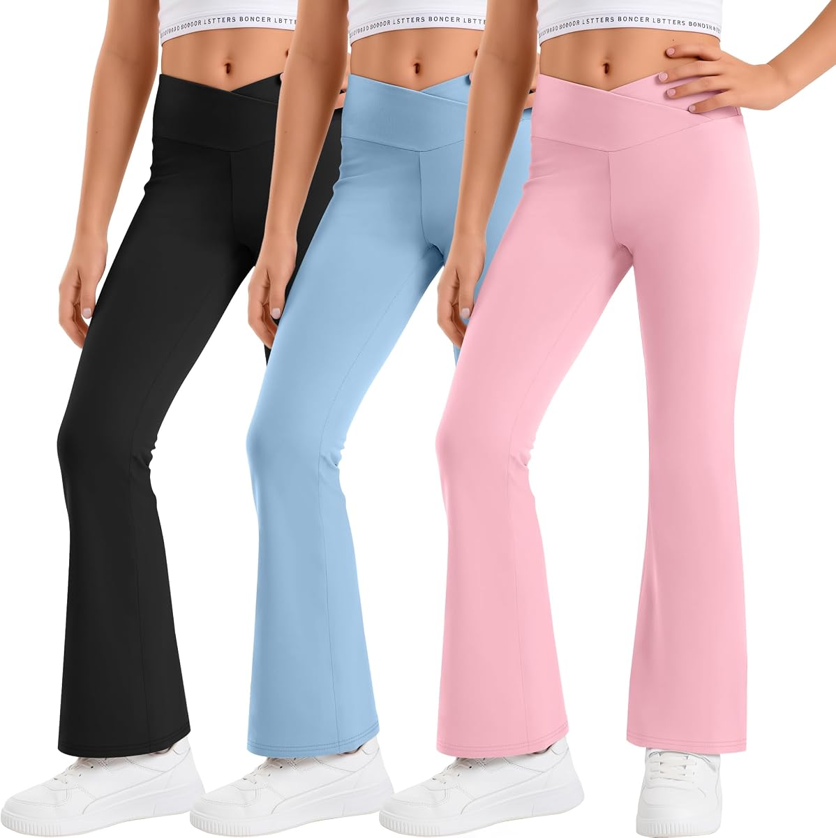 Yooo's Vivi 3 Pack Girl's Flare Leggings | Yoga Pants, Back to School, Bell Bottoms, for 5-14 Years, Tween, Cross High Waisted, Bootcut