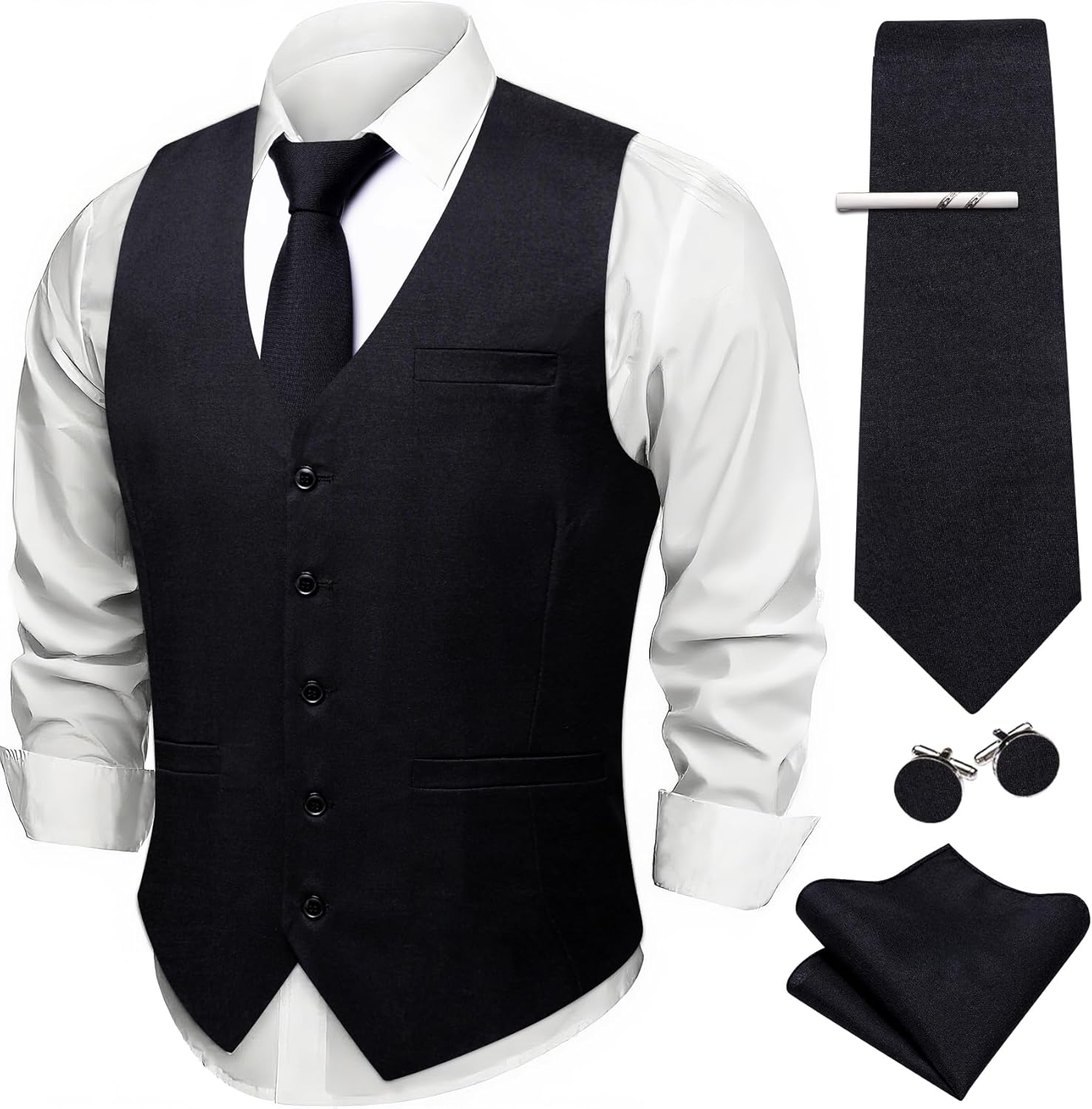 Barry.Wang Mens Suit Vest Tie Set Linen V-neck Waistcoat Clip Hanky Cufflinks Vintage Tuxedo Casual Wedding Business 5PCS