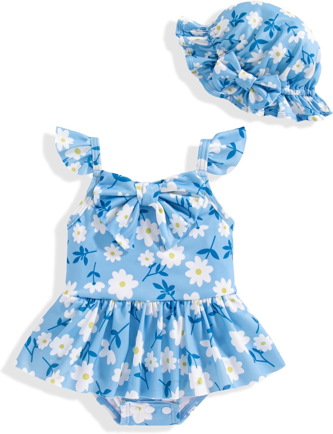 Vibebox Baby Girl Swimsuit One-Piece Bows Bathing Suit Toddler Girls Summer Beach Ruffled Sleeve Tankini Swimwear with Hat