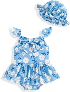 Vibebox Baby Girl Swimsuit One-Piece Bows Bathing Suit Toddler Girls Summer Beach Ruffled Sleeve Tankini Swimwear with Hat