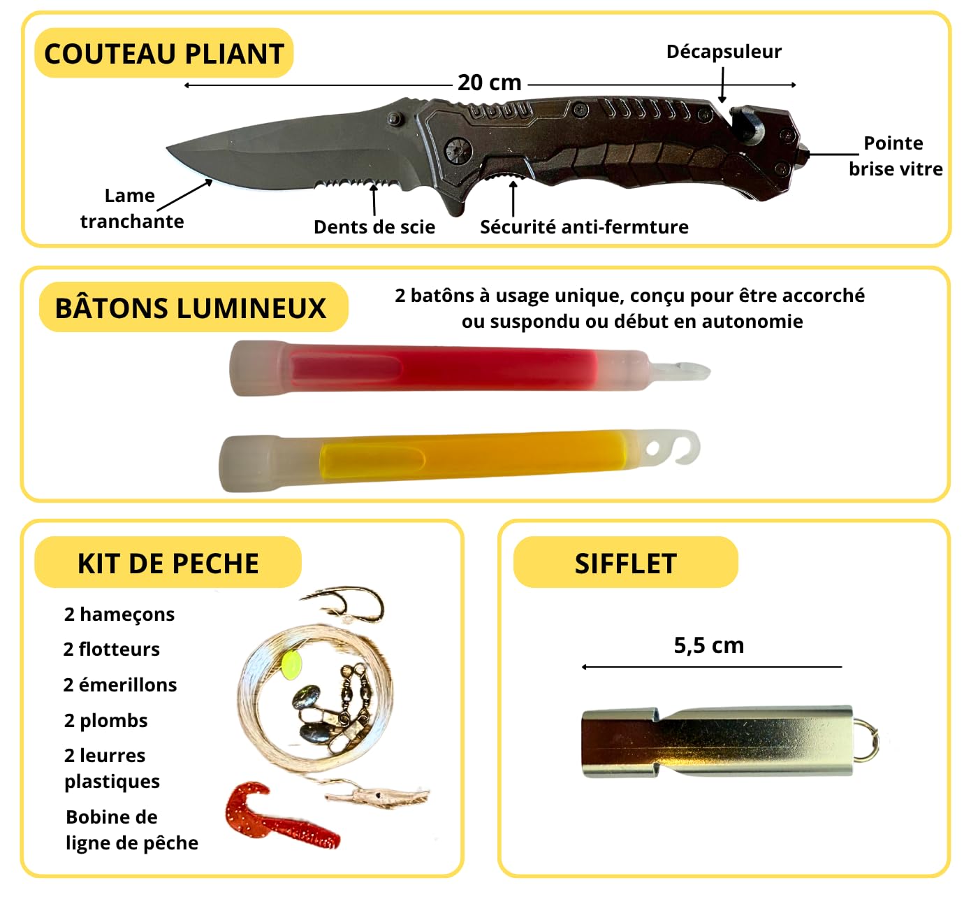 Safe&Ready Kit de Survie avec Hache, Couteau Pliant, Lampe Dynamo, Trousse de Secours, Abri, Poncho, Allume-feu, Scie Câble pour Outdoor, Randonnée, Urgence, Bushcraft