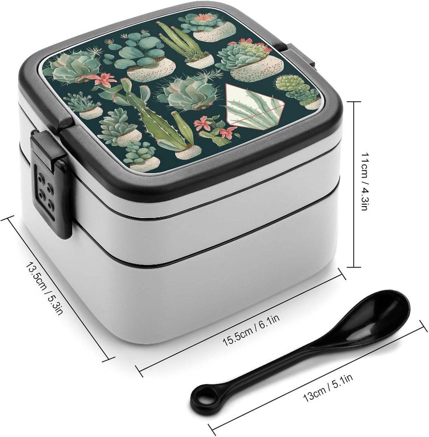 Bento Box with Spoon And Handle Succulent Plants And Green Printed Stackable Bento Box Portable Bento Lunch Box Container for Work Camping And Travel