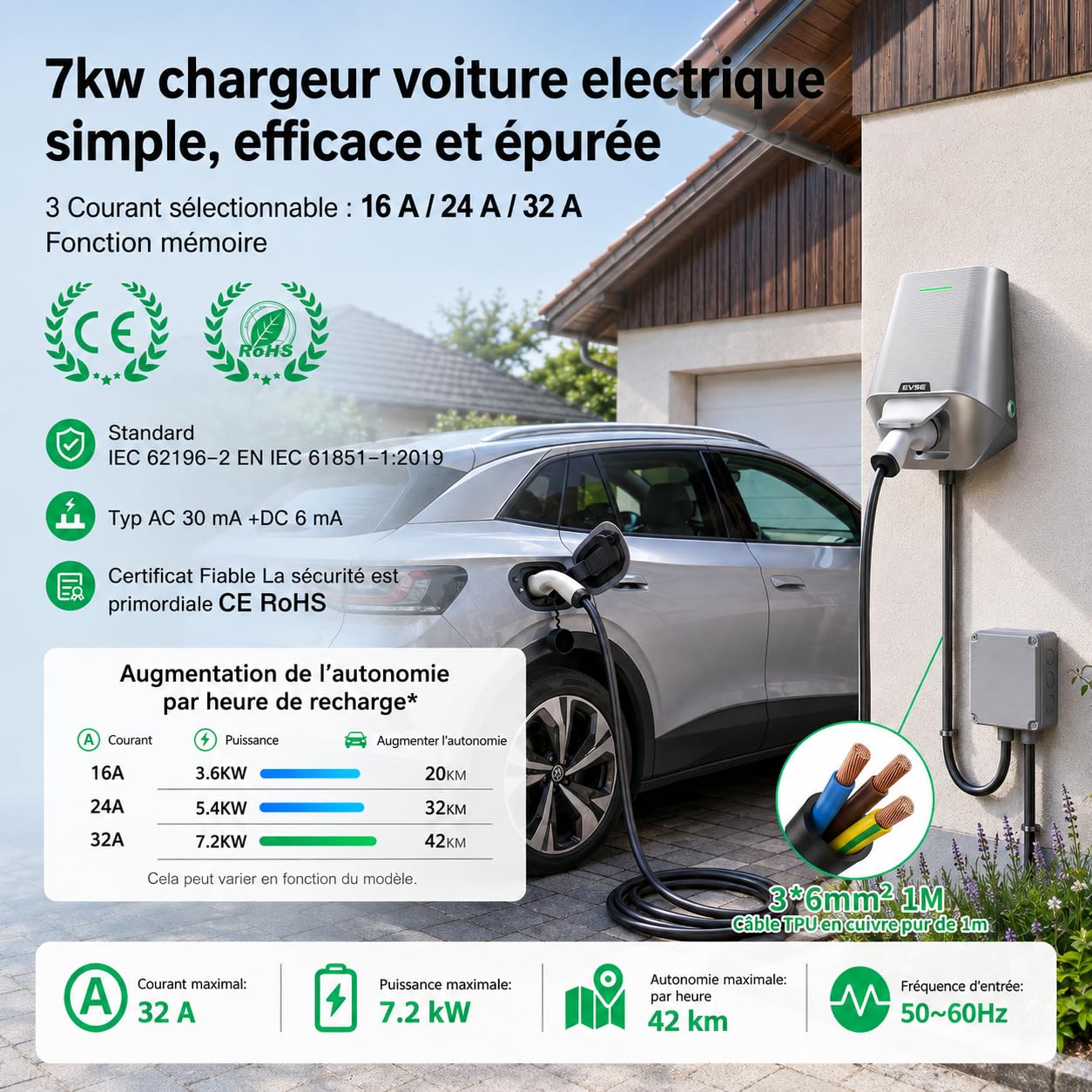 7.2KW Borne de Recharge Vehicule Electrique Chargeur Voiture Electrique