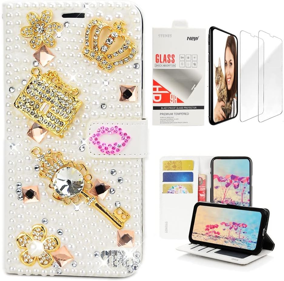 STENES Bling Wallet Phone Case Compatible with LG Stylo 6 - Stylish - 3D Handmade Diamond Key Girls Bag Crown Flowers Leather Cover with Screen Protector [2 Pack] - White