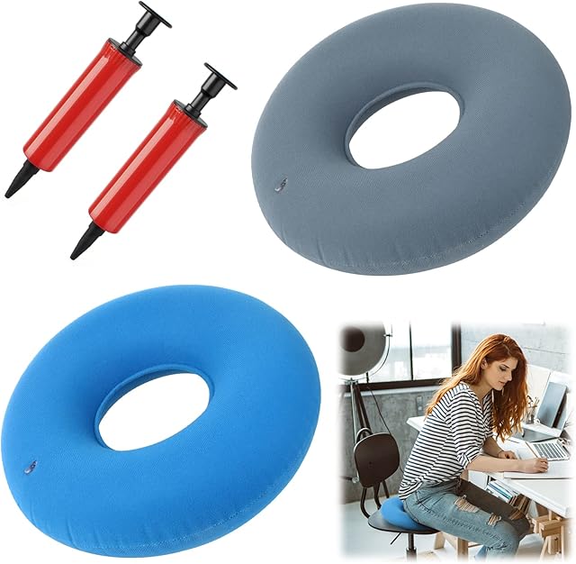 2Pcs Donut Cushion Seat Hemorrhoids Donut Seat 38cm Pillow Ring Cushion for Pressure Relief, Portable Orthopaedics Pillow Seat with Air Pump for Hemorrhoid Surgery Tailbone CoccyxBlue Gray