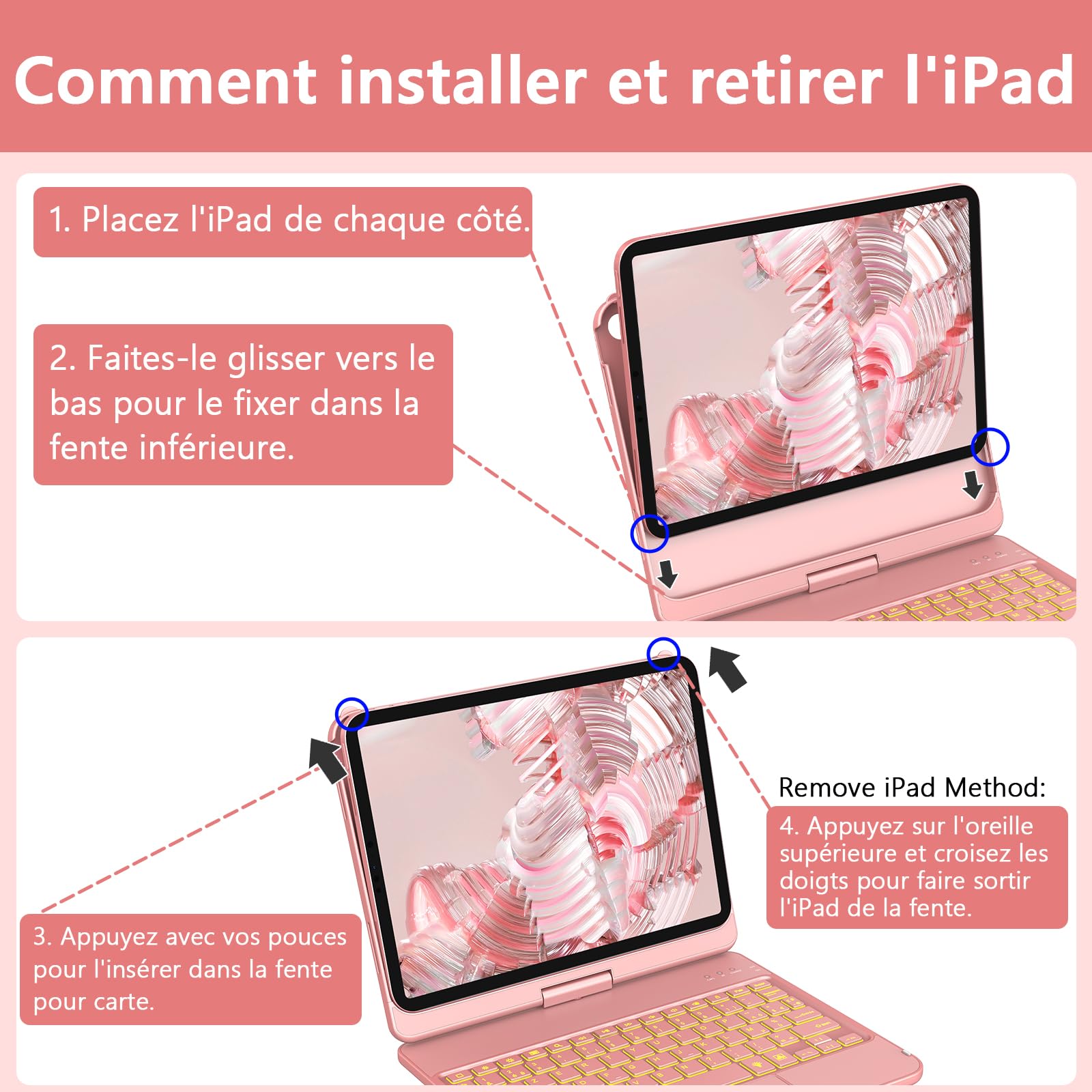 KBCASE Clavier pour iPad A16 11/10 Ème Generation avec Pavé Tactile (11 Pouces 2025/10.9 Pouces 2022), 360° Rotatif, 7 Couleurs Rétroéclairées avec Porte Crayon, AZERTY pour iPad 10eme/11eme, Or Rose