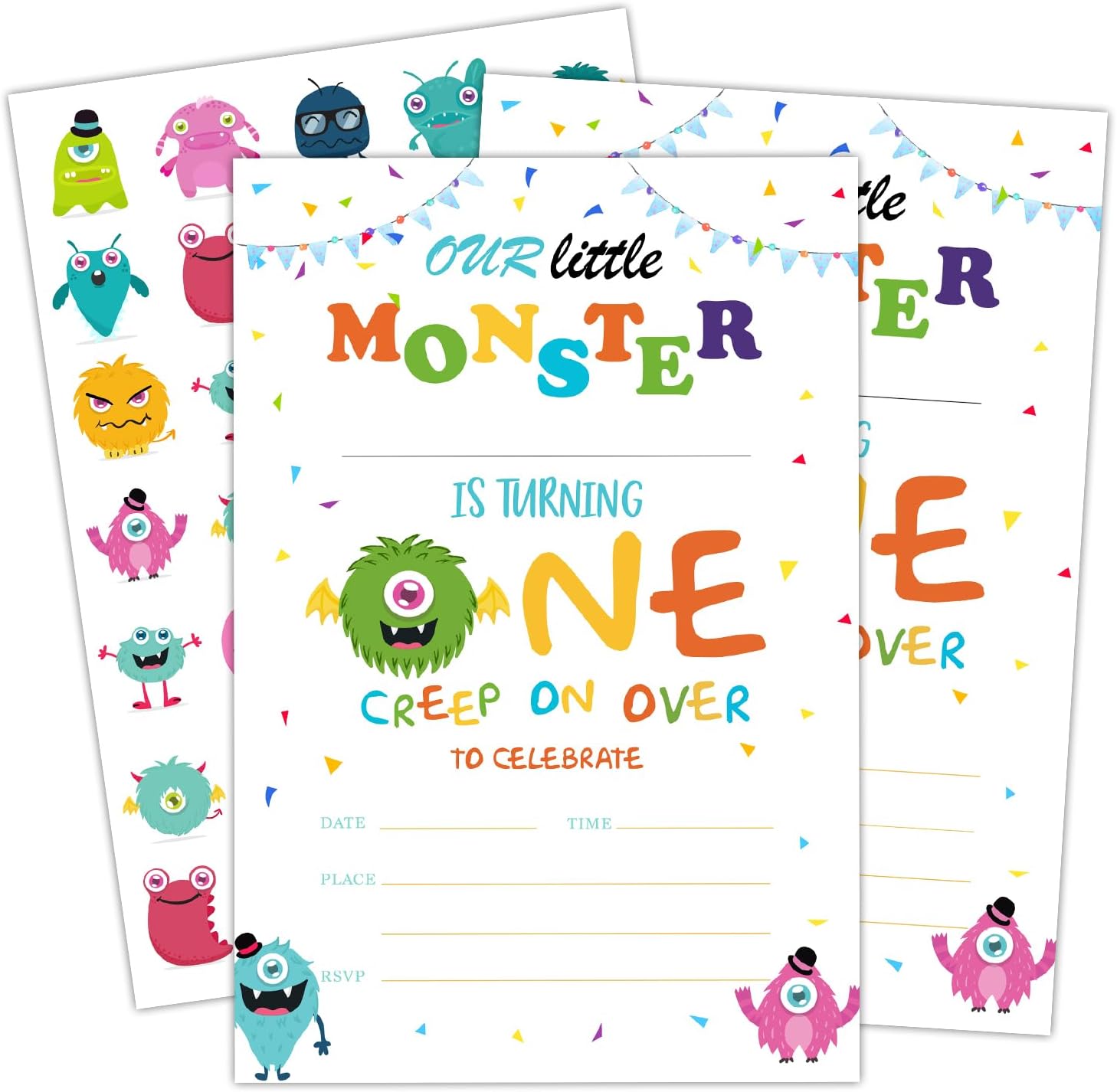 Monster 1st Birthday Invitation Cards for Boys & Girls, Celebration Birthday Party Supplies Decorations, Our Little Monster Double-sided Printed Bday invite Cards - Includes 20 Cards & Envelopes(B03)