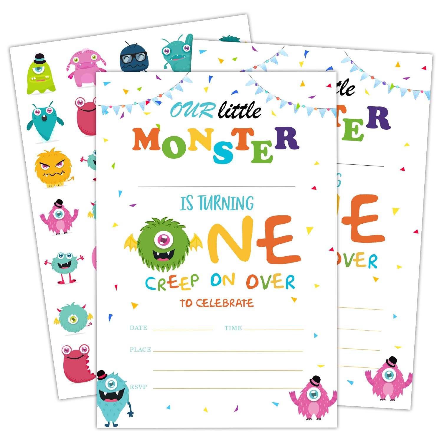 Monster 1st Birthday Invitation Cards for Boys & Girls, Celebration Birthday Party Supplies Decorations, Our Little Monster Double-sided Printed Bday invite Cards - Includes 20 Cards & Envelopes(B03)
